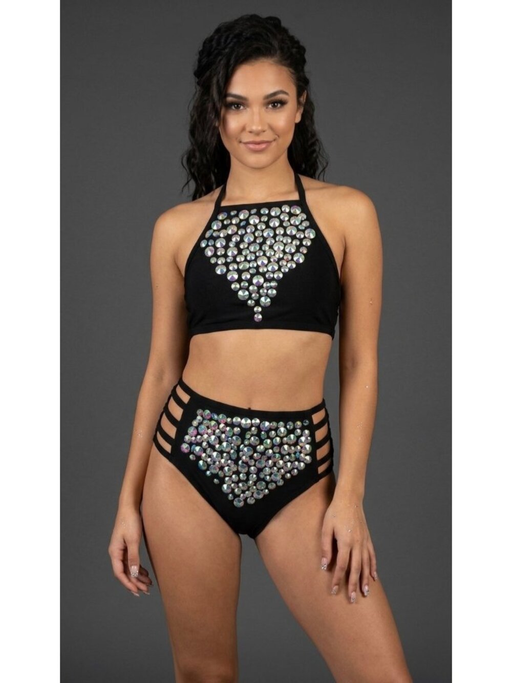 I Heart Raves 2 Piece Black Holographic Caged Halter Top & Bottoms Set| Festival